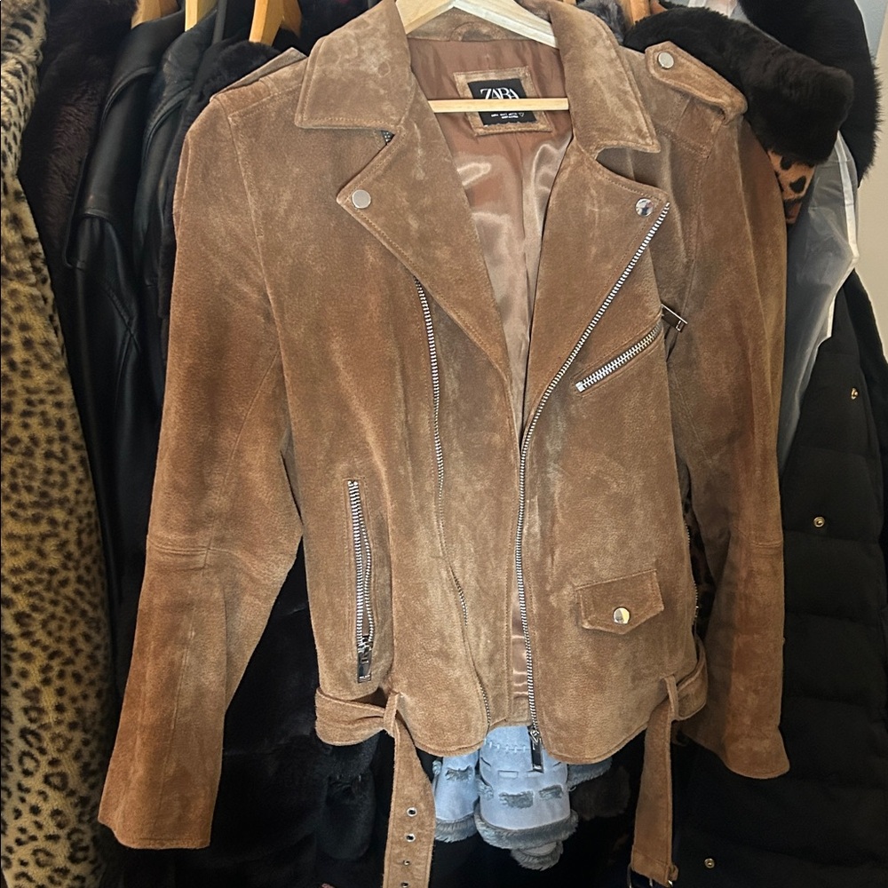 ZARA Genuine Suede Brown Biker Jacket with Zip Details